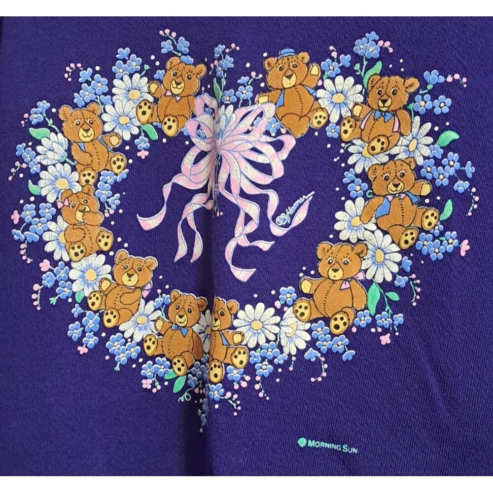 Vintage Morning Sun Sweatshirt‎ Women Large Purple Teddy Bear White Collar